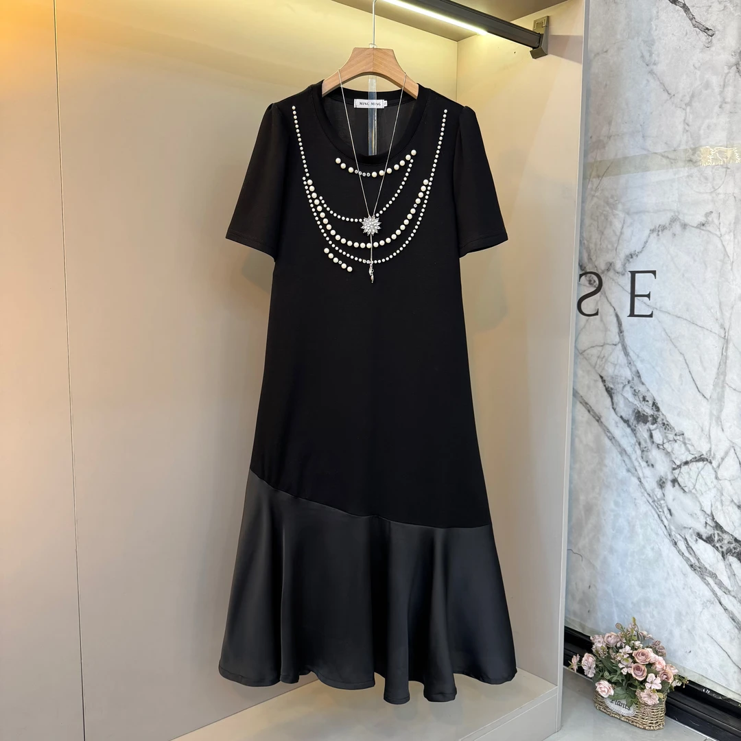 2025欧货韩系重工钉珠拼接大裙摆胖妹妹显瘦显瘦连衣长裙6913