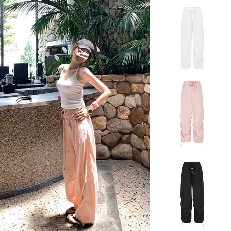 Moses Queen/魔西女王韩系粉色降落伞工装裤阔腿直筒休闲速干裤