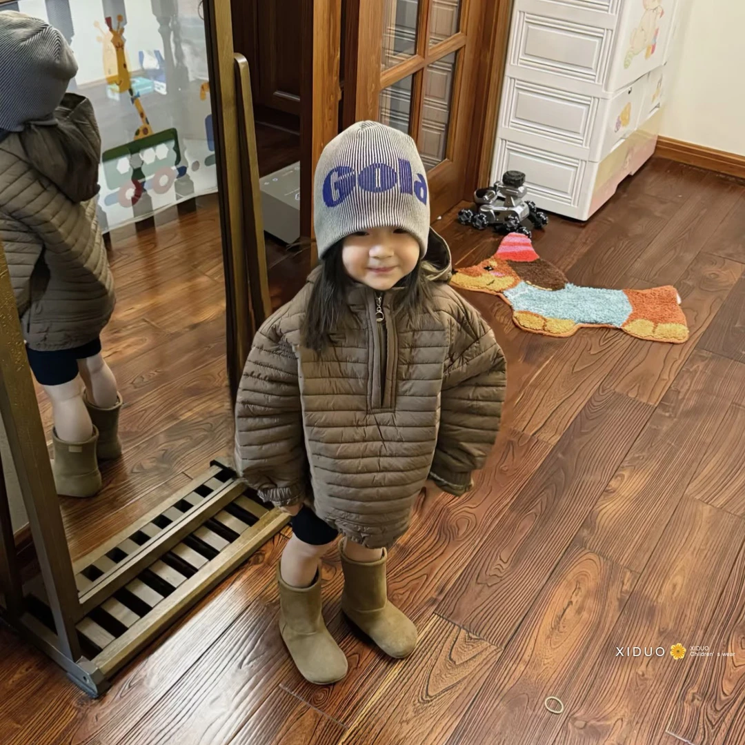 韩系童装儿童夹棉连帽卫衣棉服男女童新款宽松半拉链套头棉衣秋款