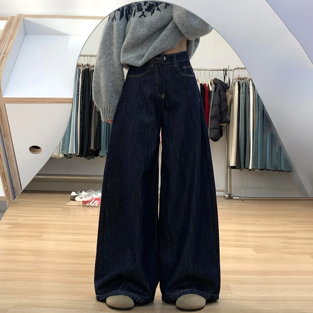 深蓝色慵懒风牛仔裤女秋季大码胖mm梨形身材高腰显瘦宽松阔腿裤子