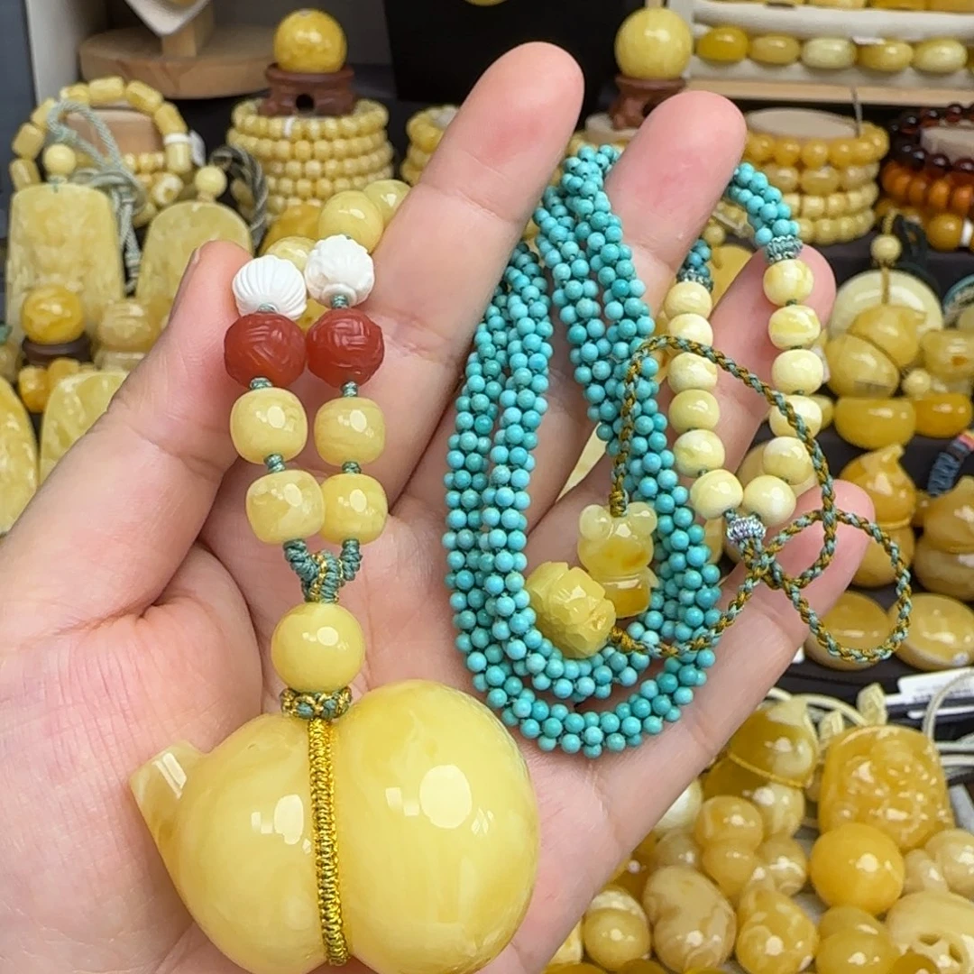 未镶嵌套链琥珀天然俄料鸡油黄蜜蜡葫芦吊坠