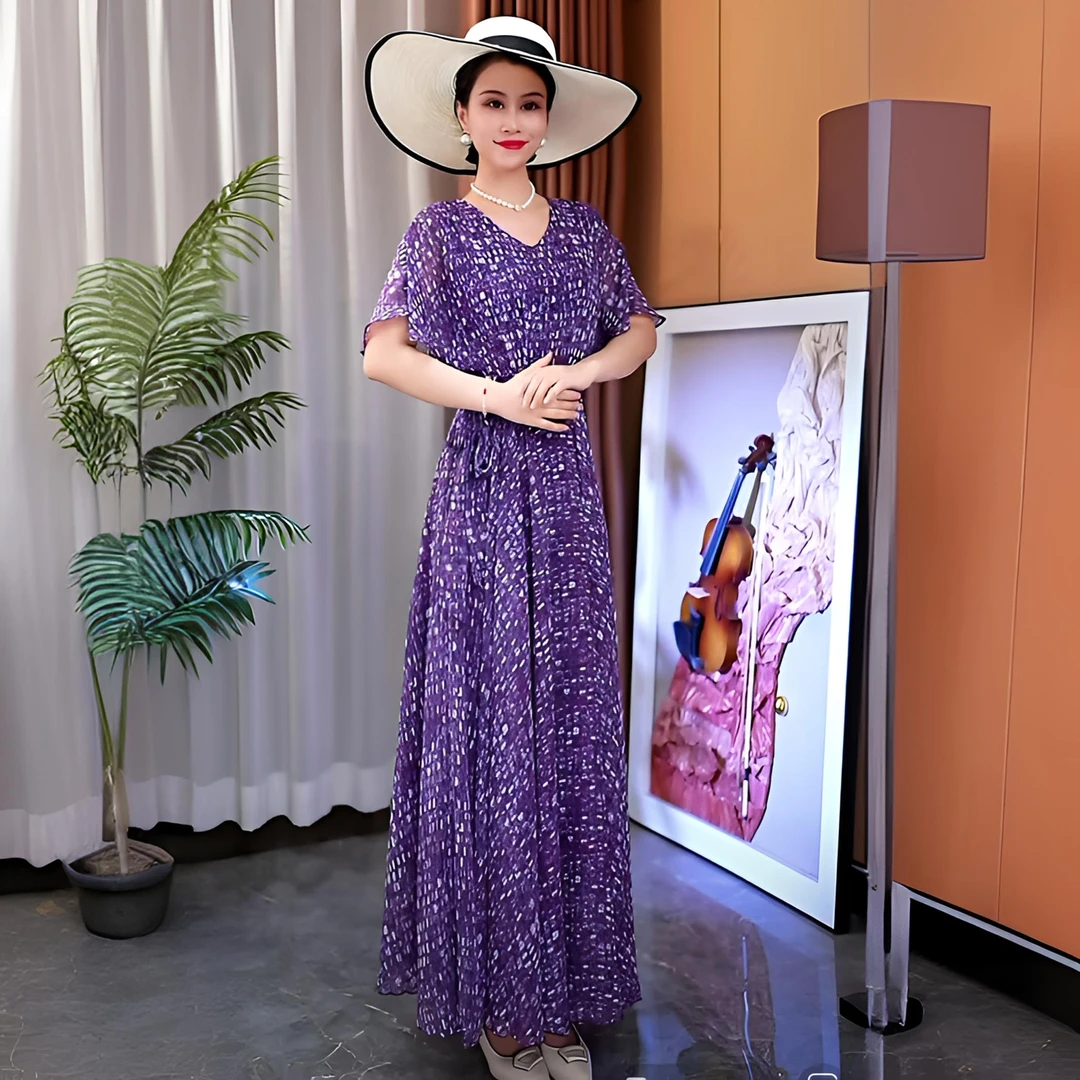 香衣丽华60-386夏新款蝙蝠袖长款过膝大摆连衣裙修身显瘦气质长裙