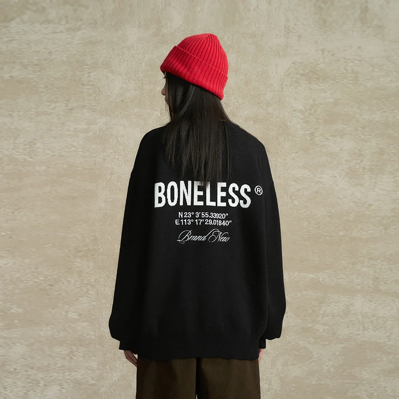 BONELESS坐标刺绣套头毛衣宽松圆领简约提花针织衫百搭休闲上衣秋