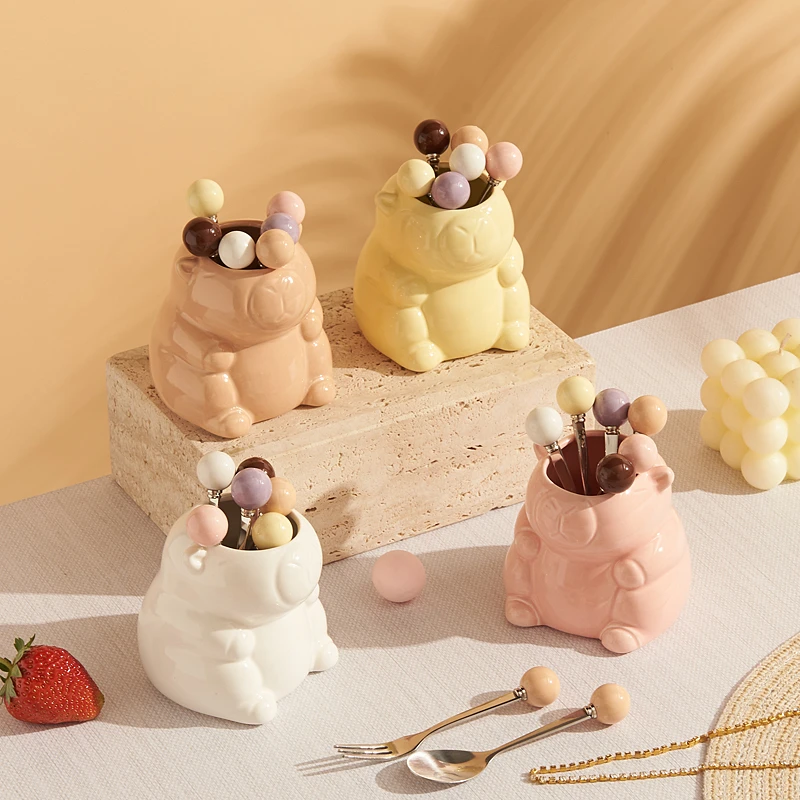 304不锈钢水果叉套装家用卡皮巴拉陶瓷收纳罐果叉点心叉