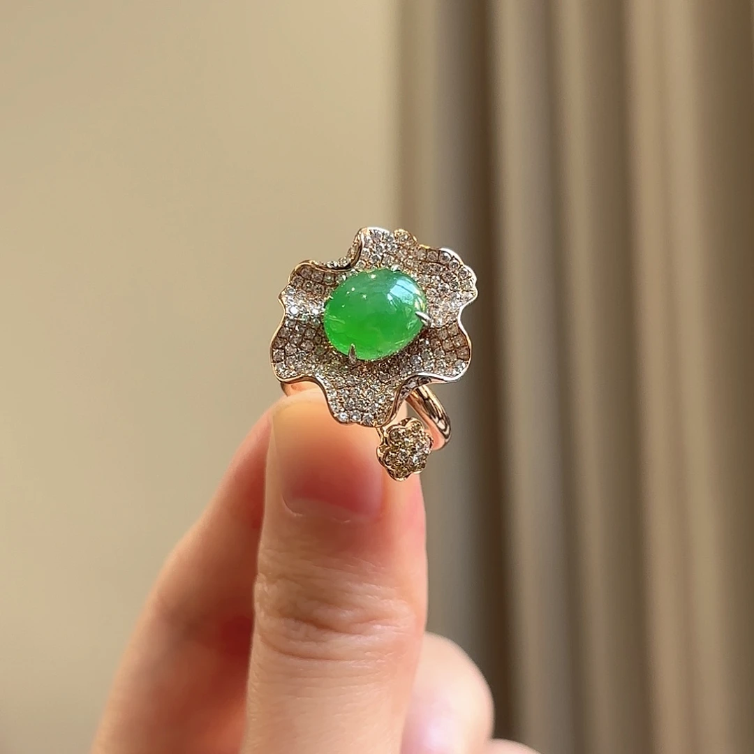 翡翠18K金镶嵌戒指10圈翡翠荷花戒指多人不退不换