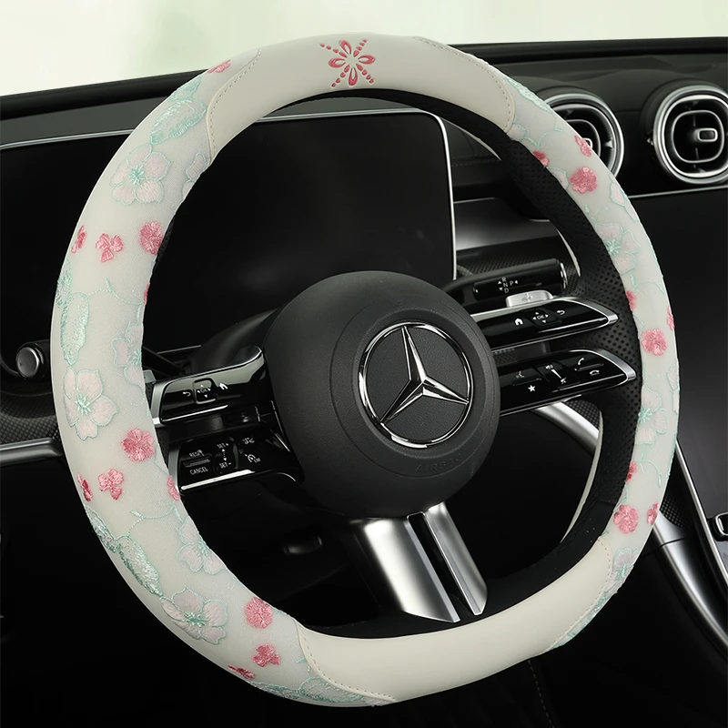 新款四季通用F84国风蕾丝花清凉透气吸汗防滑汽车方向盘套把套