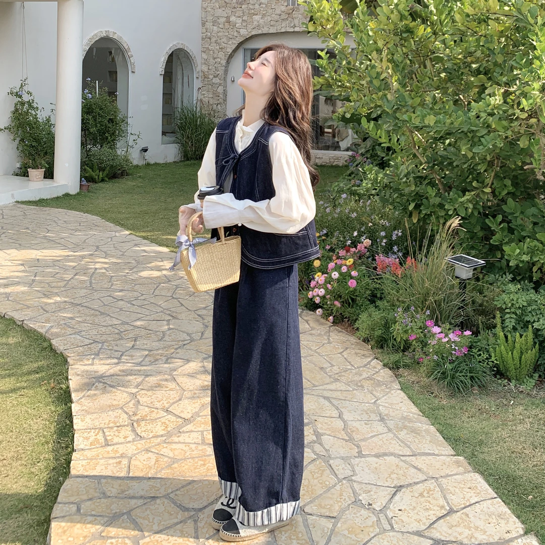 可盐可甜牛仔套装女2025早春新款设计感马甲条纹拼接阔腿裤两件套