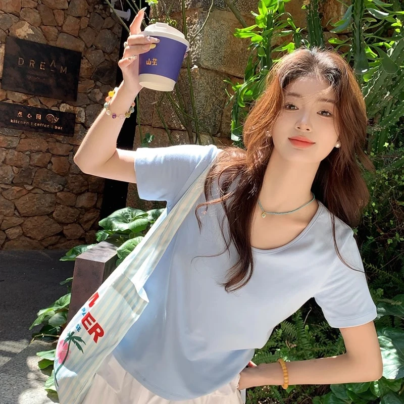 蓝色正肩V领短袖T恤女2025夏季新款高级感宽松显瘦超好看单穿上衣