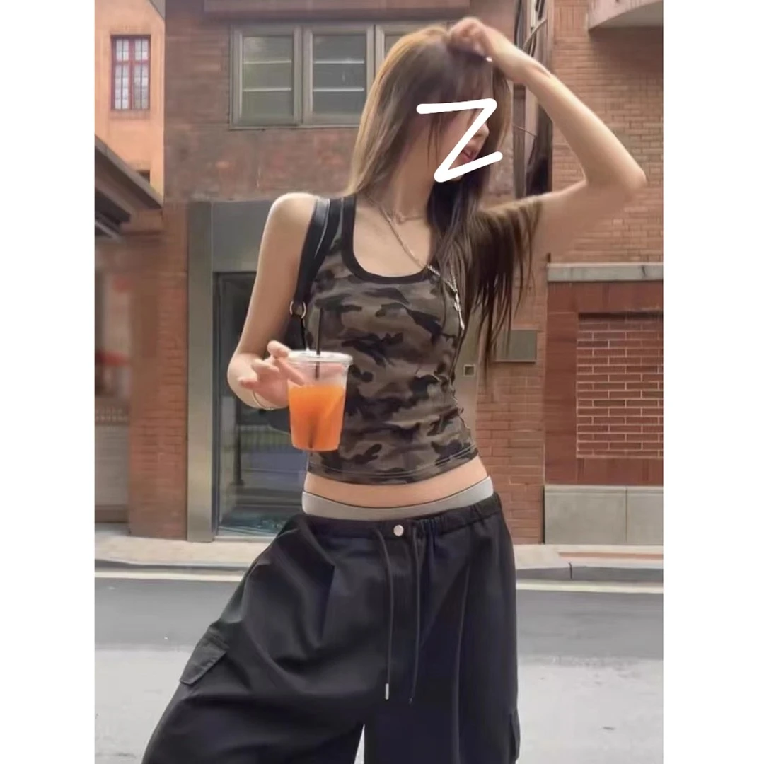 迷彩色工字吊带背心女夏外穿新款美式辣妹美背短款露肩无袖上衣女