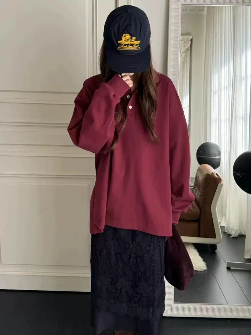 福利款无售后韩国东大门代购pebble女2024POLO领纯色宽松长袖卫衣