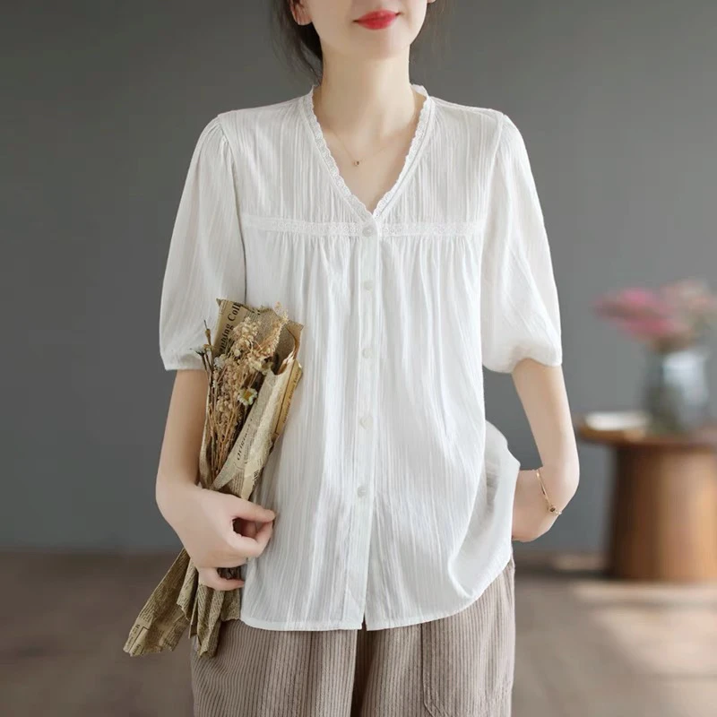 夏季新款文艺白色棉麻衬衫女宽松短袖V领花边领气质上衣6662