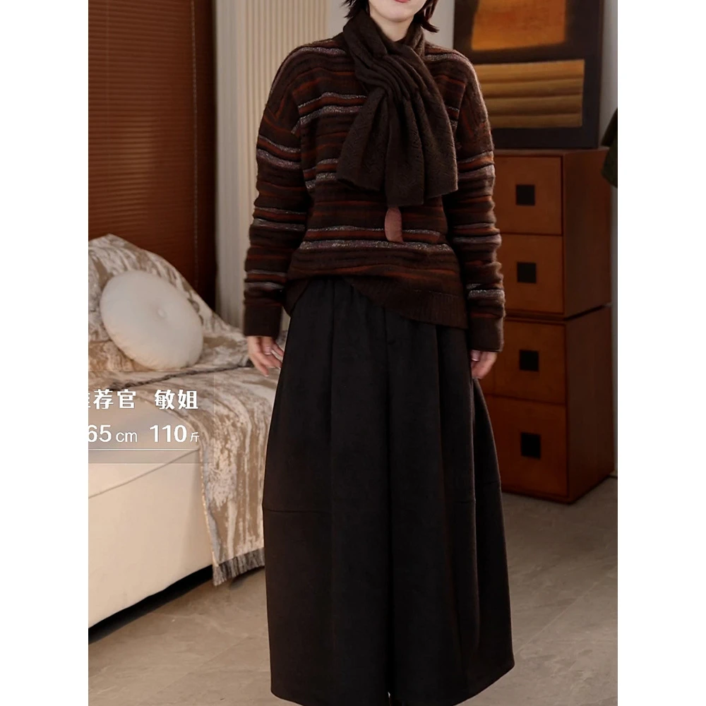 韩系时尚洋气套装2025冬季新款复古慵懒提花针织衫+半身裙两件套