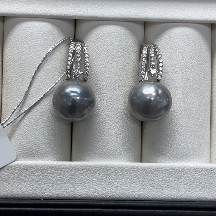 耳饰海水珍珠银S925镶嵌大溪地 12-13mm 88号