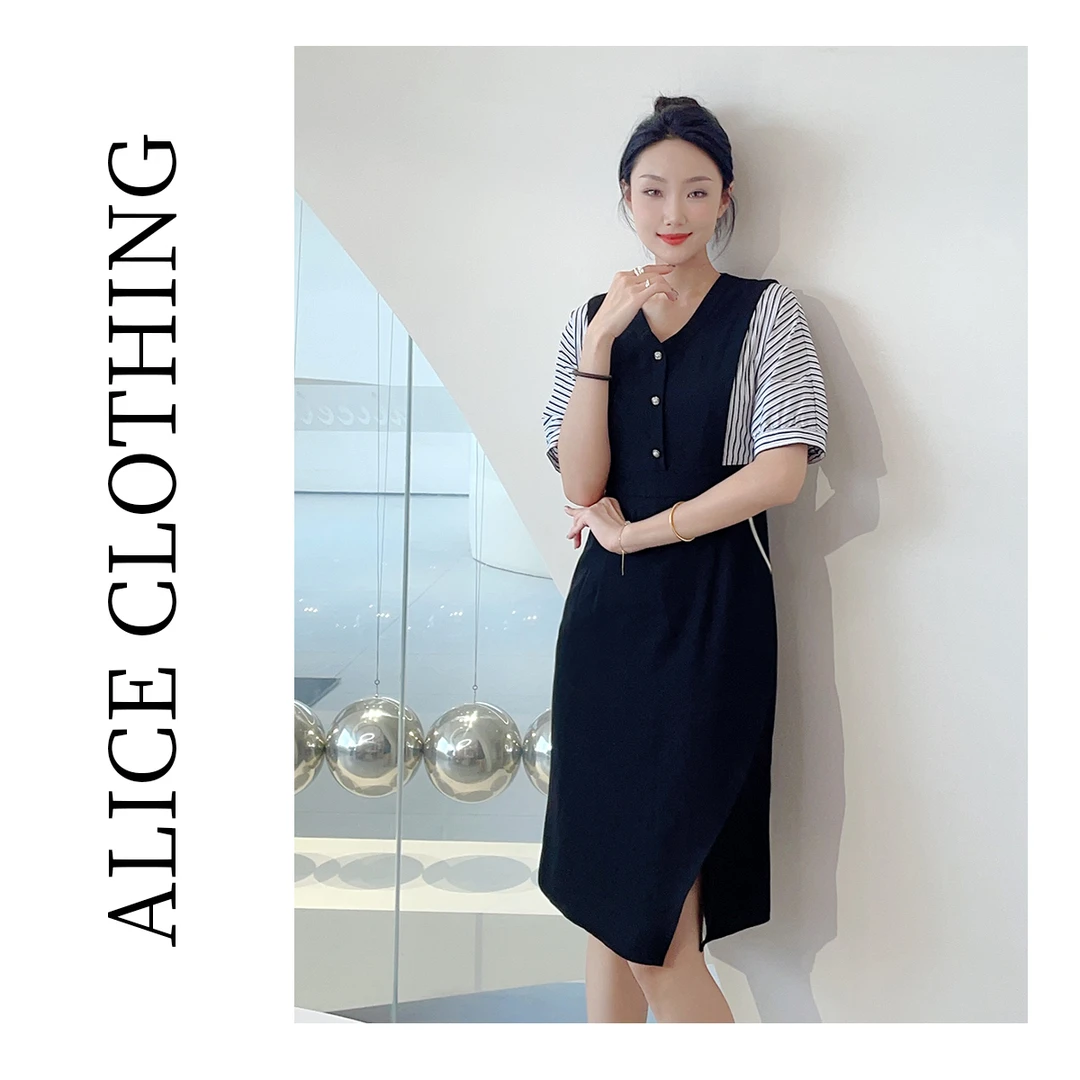2alicelulu“条纹纸片人”连衣裙显瘦立裁优雅通勤S1031268W