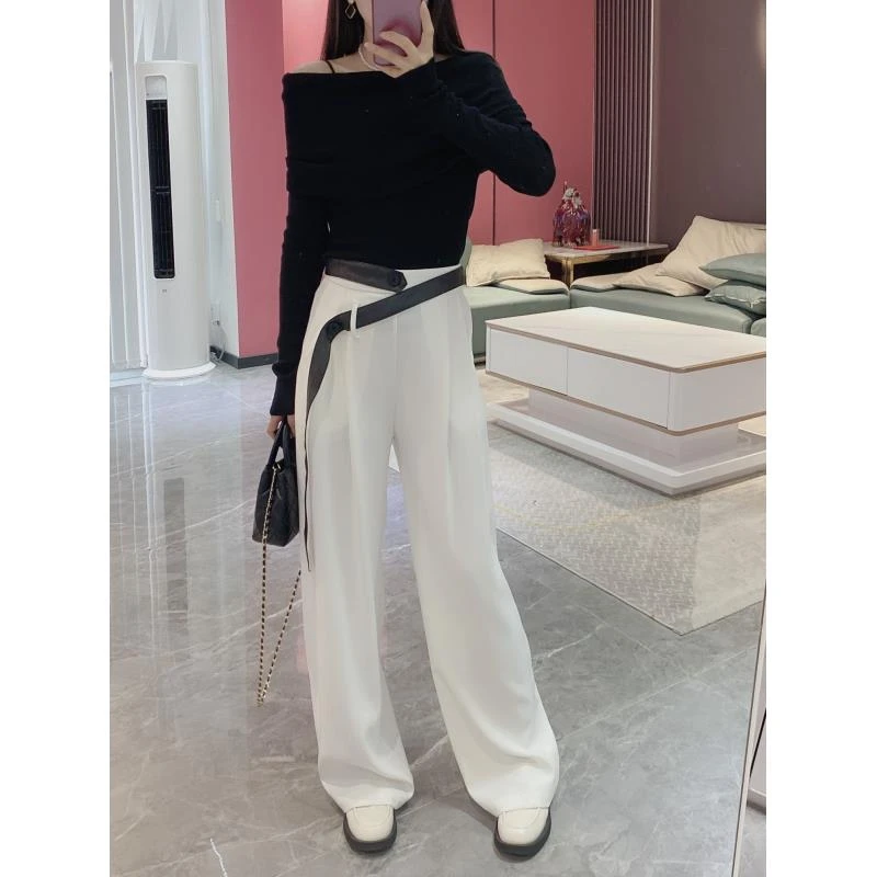 拼皮飘带直筒阔腿裤716