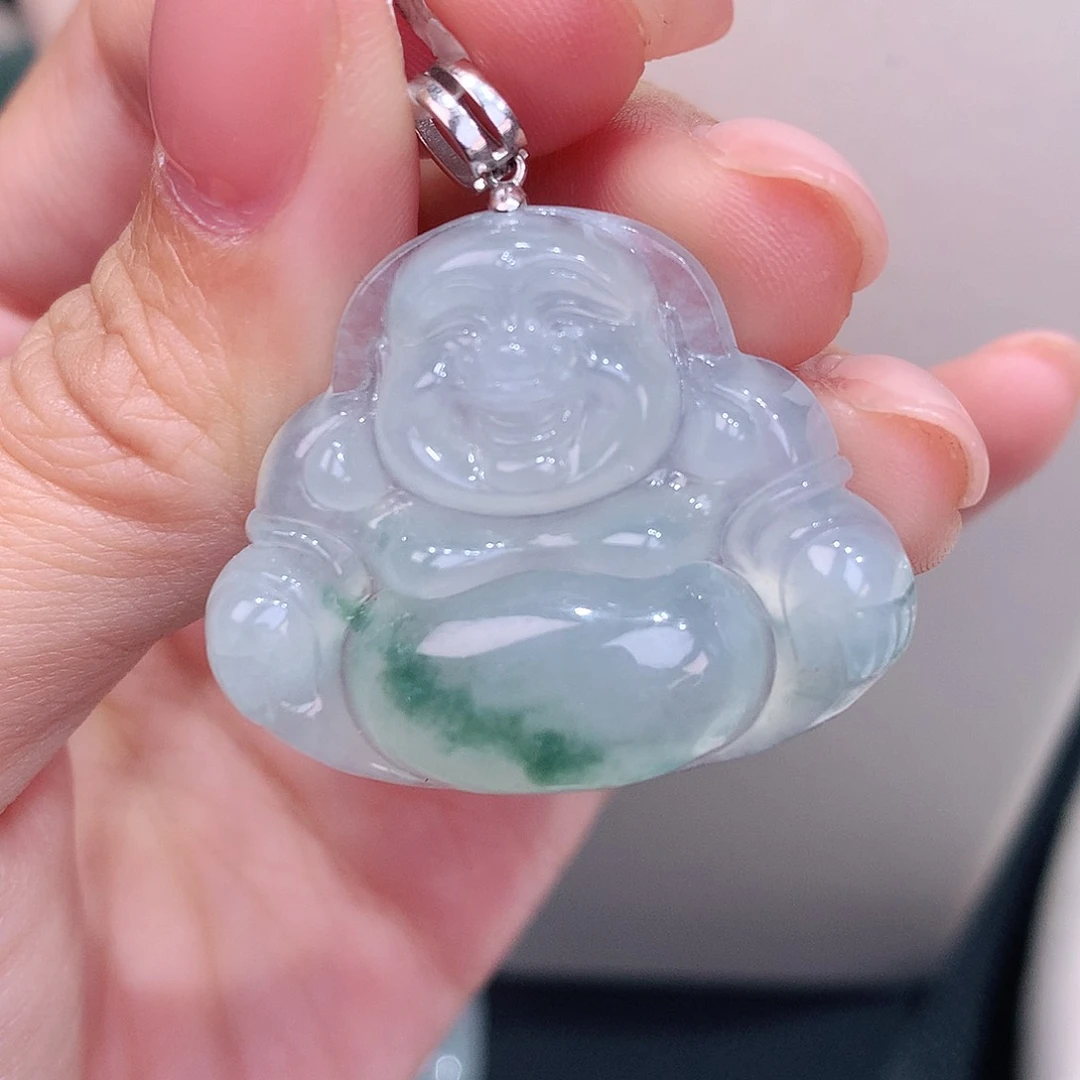 颈饰18K金镶嵌翡翠冰飘花佛公