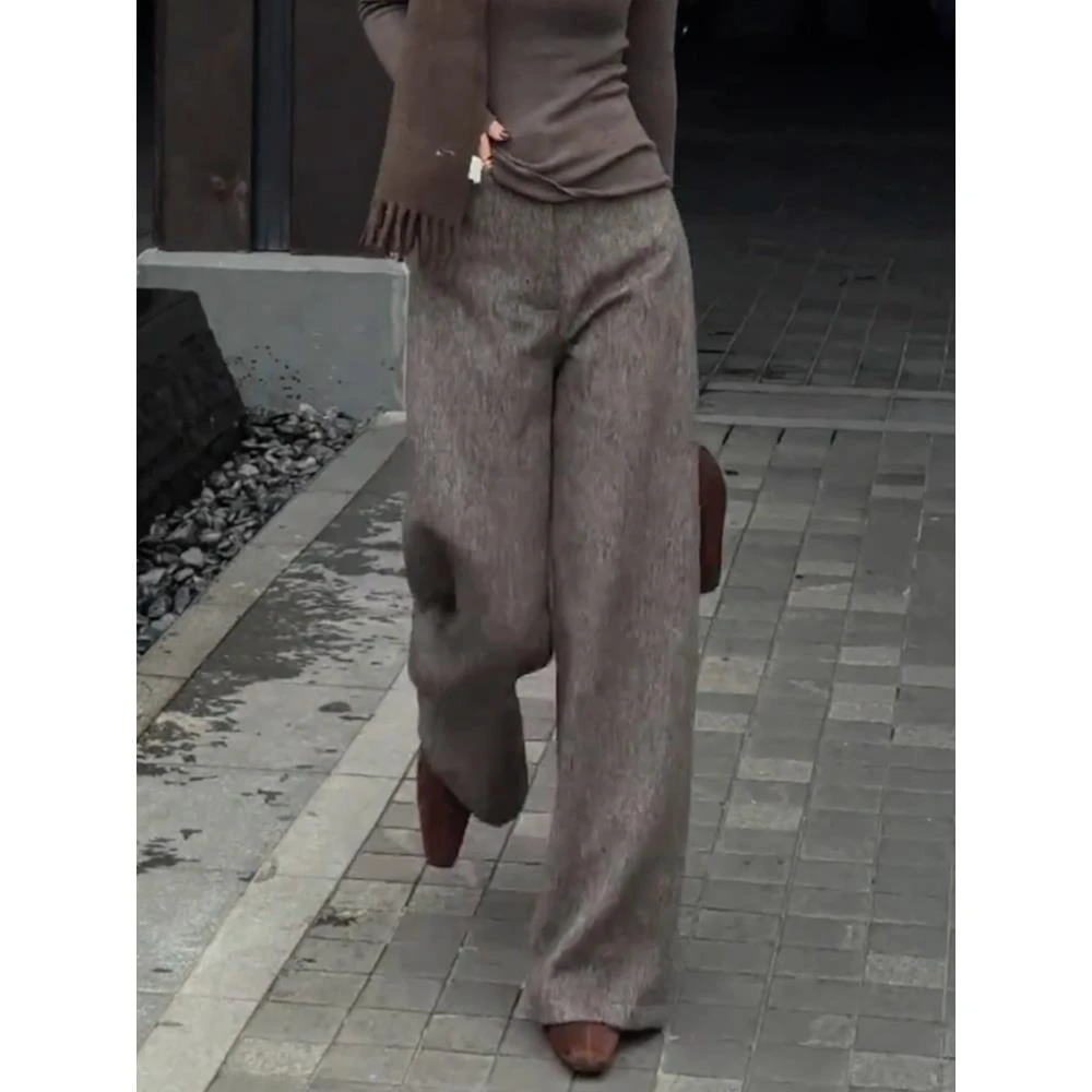 宽松bf慵懒感显瘦毛呢阔腿裤秋冬新款加厚高腰气质复古直筒拖地裤