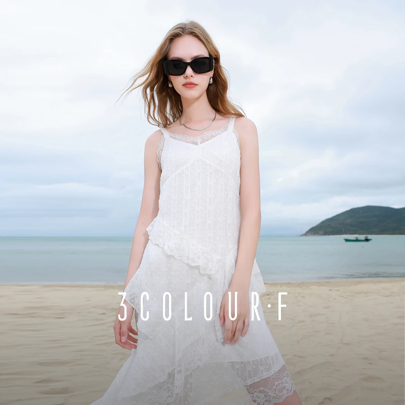 三彩独醒2025夏季新款花边V领吊带裙连衣裙雪纺中长裙度假F