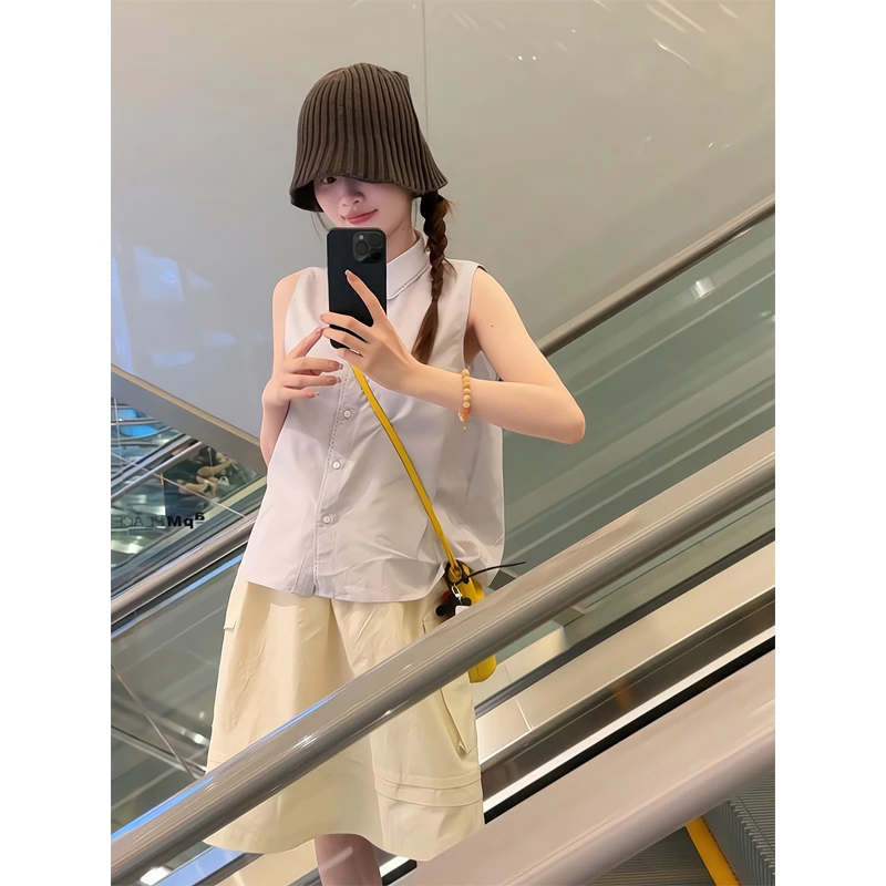 短袖衬衫Polo领简约基础百搭短款衬衣廓形伞摆宽松松弛感半身裙子