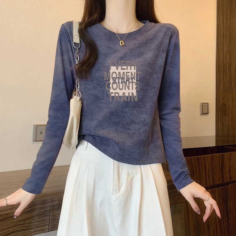 扎染正肩长袖t恤女秋季2025年新款爆款设计感修身打底衫内搭上衣