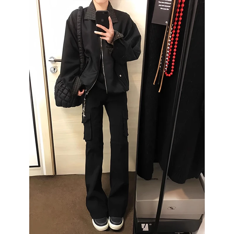 黑色cleanfit工装裤男款春秋美式高街vibe裤子显瘦修身微喇牛仔裤