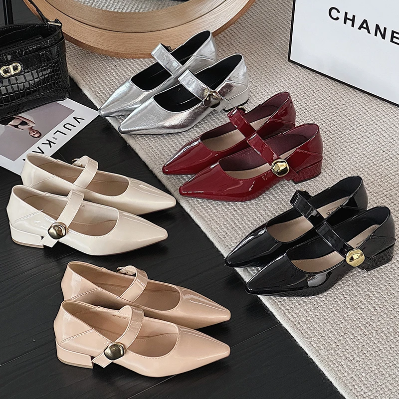 2025春季新款粗跟单鞋浅口百搭一字带魔术贴气质显瘦尖头玛丽珍鞋