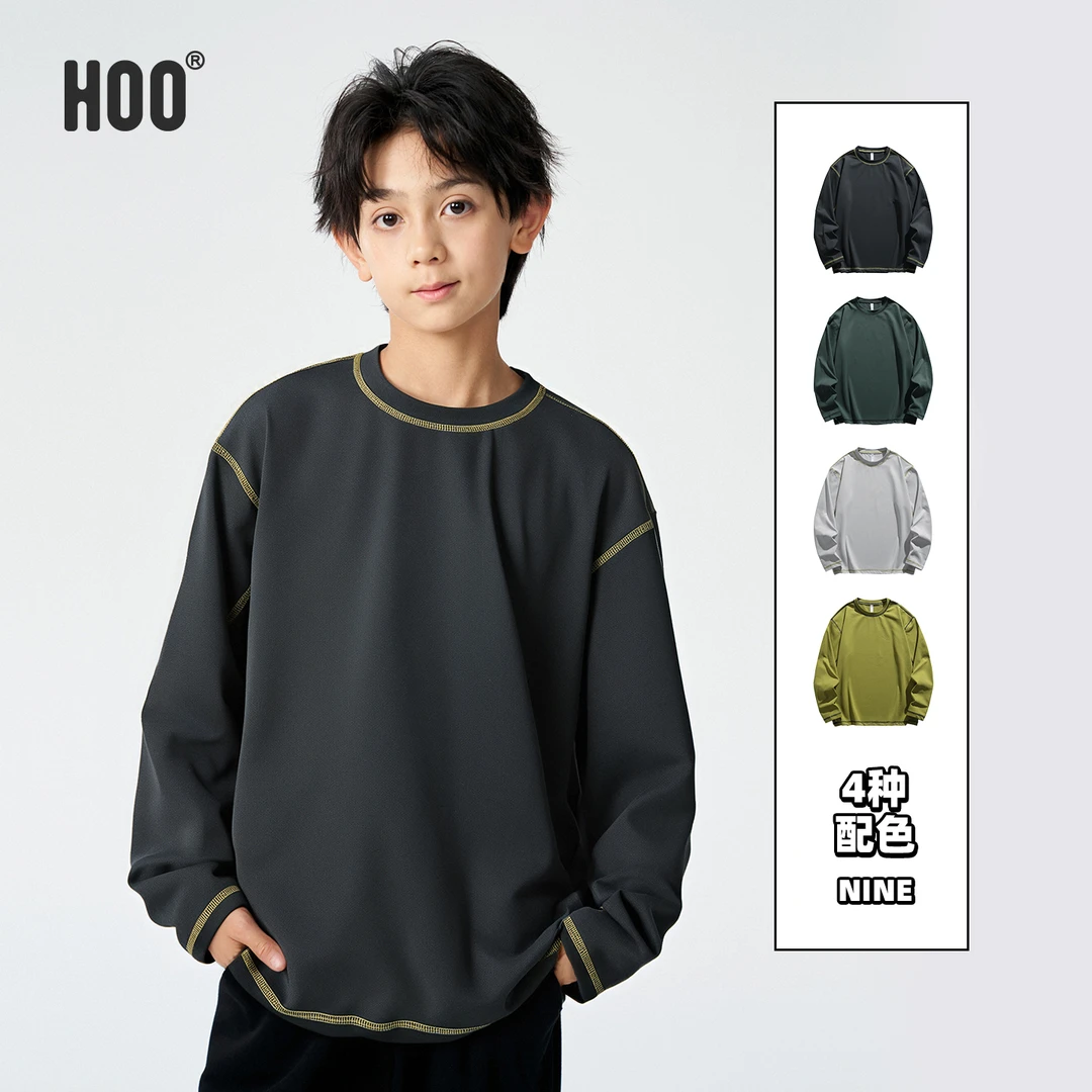 HOO秋季长袖T恤男童圆领水洗不变形卫衣宽松男装休闲风胖童5707