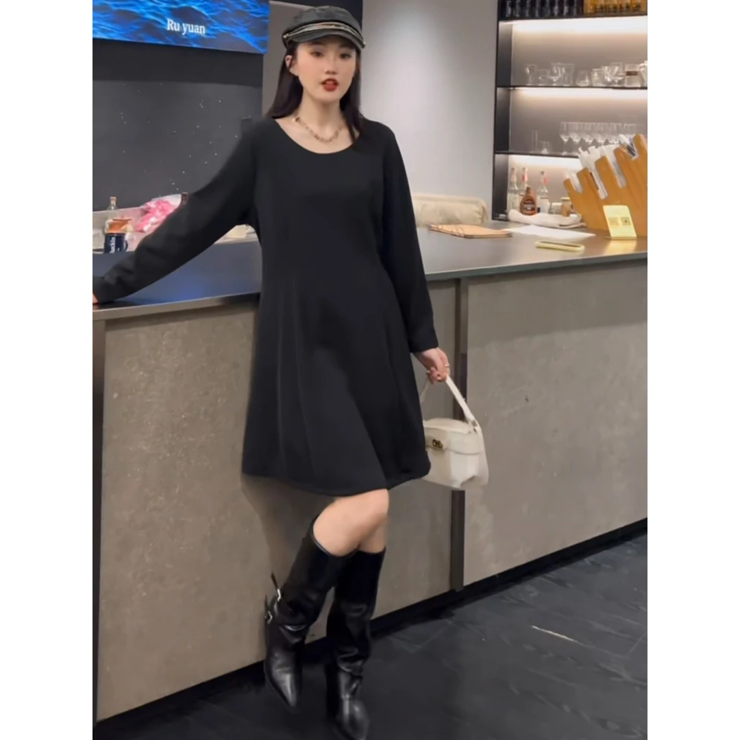 【胡小肥】45加绒大码连衣裙9859秋冬新款净版简约显瘦时尚气质百搭