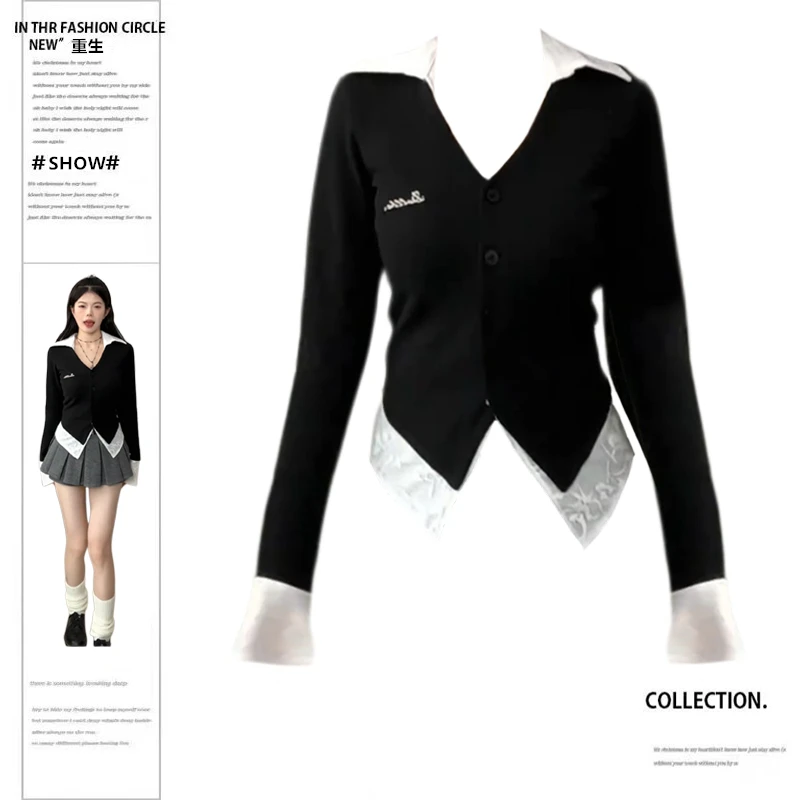 大码胖MM韩系假两件拼接长袖T恤女秋冬季新款修身显瘦设计感上衣