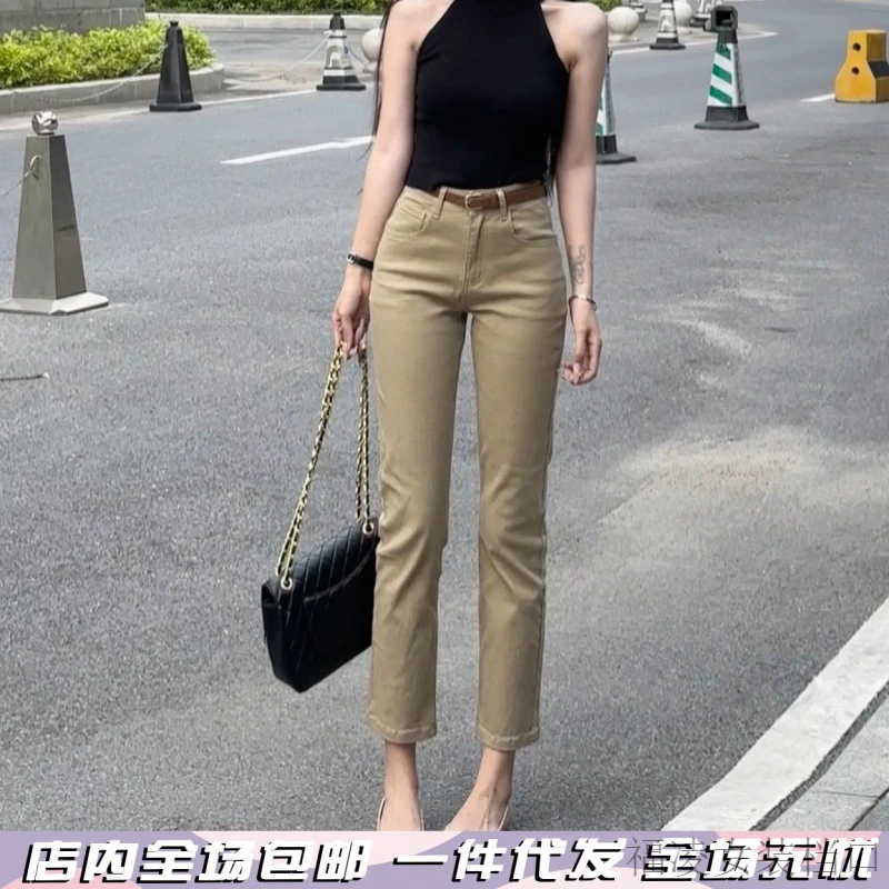 卡其色九分直筒牛仔裤女2024夏季新款韩版高腰弹力休闲烟管裤子潮