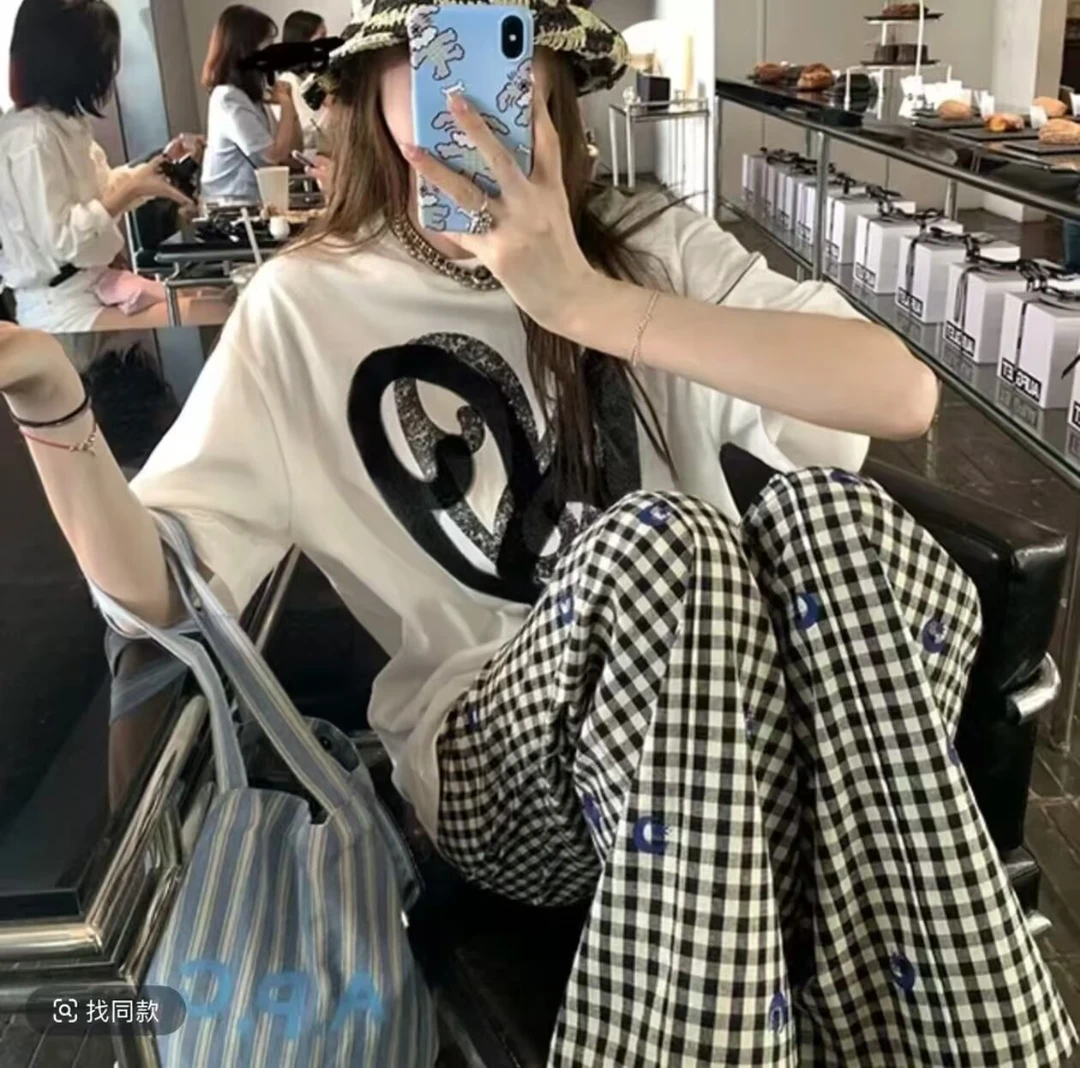 多巴胺印花结格子可爱裤女夏季韩版ins高腰宽松直筒遛弯休闲裤子