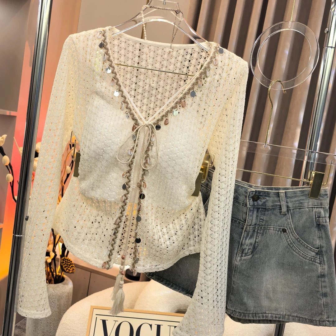 【A9883墨丽】2025早秋修身显瘦百搭长袖防晒纯欲上衣+吊带两件套