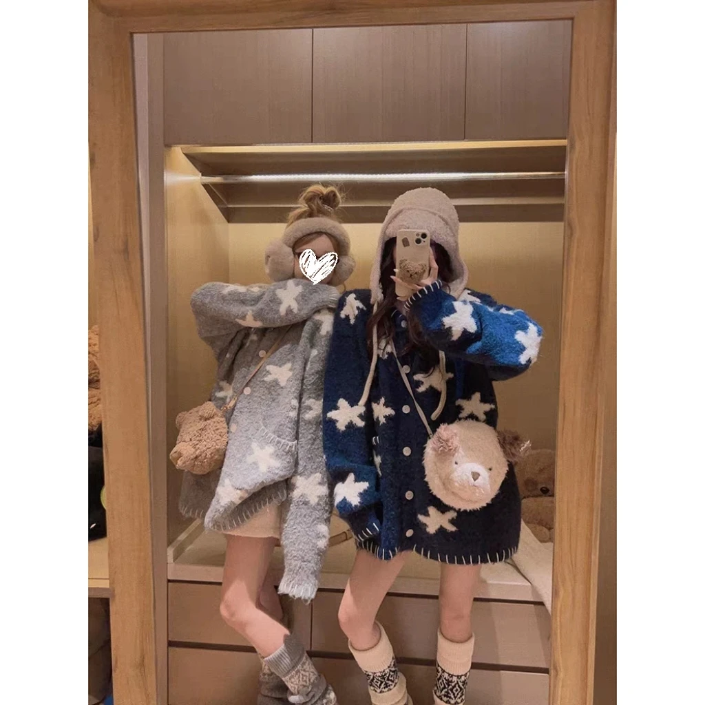 ins博主款！圈圈纱手工星星大毛衣外套秋冬新款单排扣针织开衫