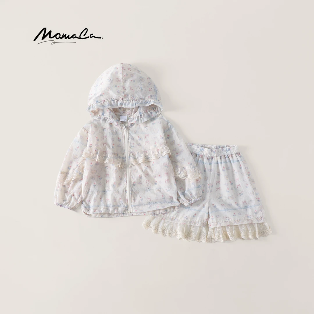 MOMOCO夏季女童甜美花边满印爱心蝴蝶结套装两件套77630580003
