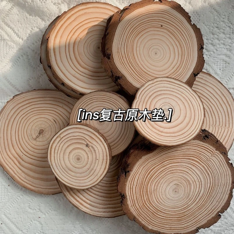 ins风原木年轮松木片复古摄影道具圆形杯垫防烫隔热杯垫木头餐d2