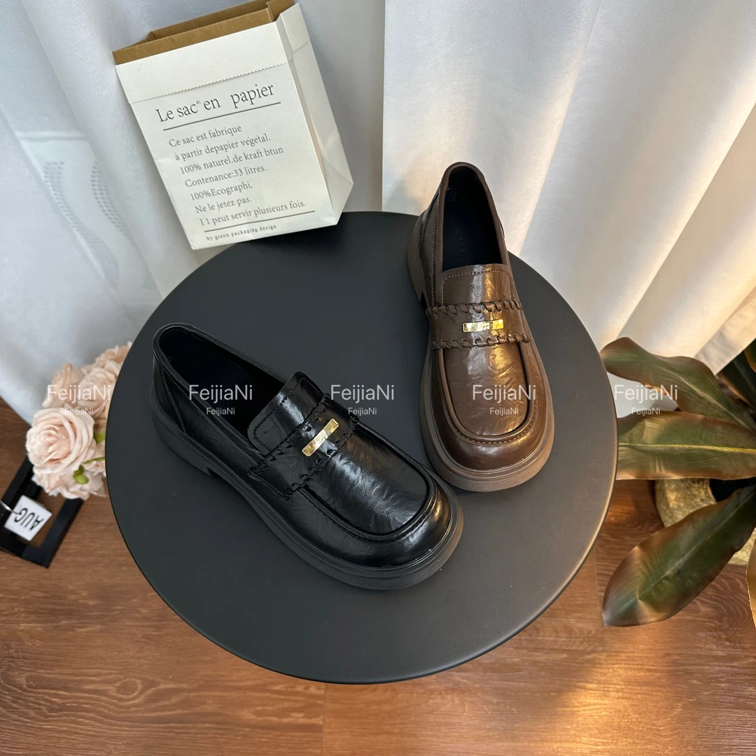 2025秋季新款韩版时尚小金条一脚蹬英伦乐福鞋百搭复古小皮鞋