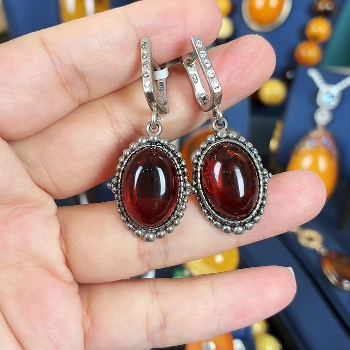 琥珀银S925镶嵌耳饰