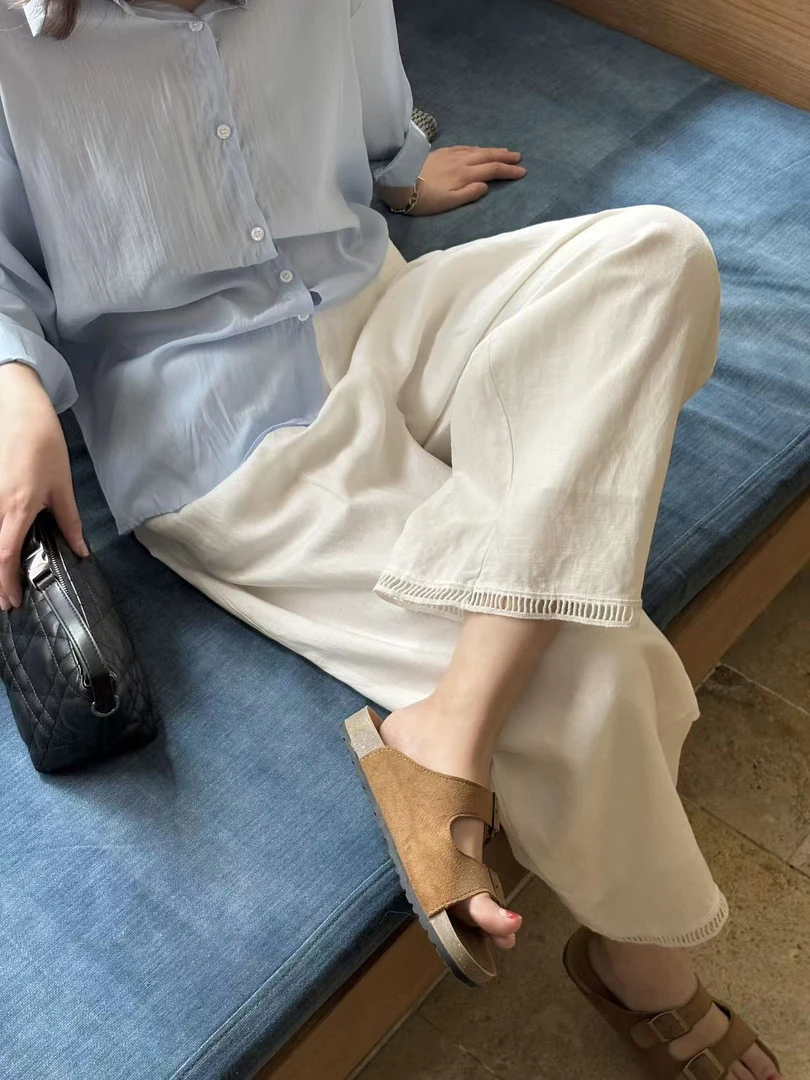 小雅姐姐  韩系百搭松紧腰镂空花边休闲裤  IX15