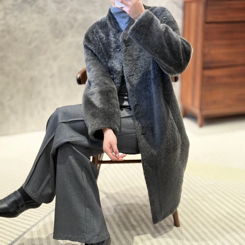 高端进口拉贡羊皮毛一体过膝长款简约休闲海宁真皮草大衣外套女冬