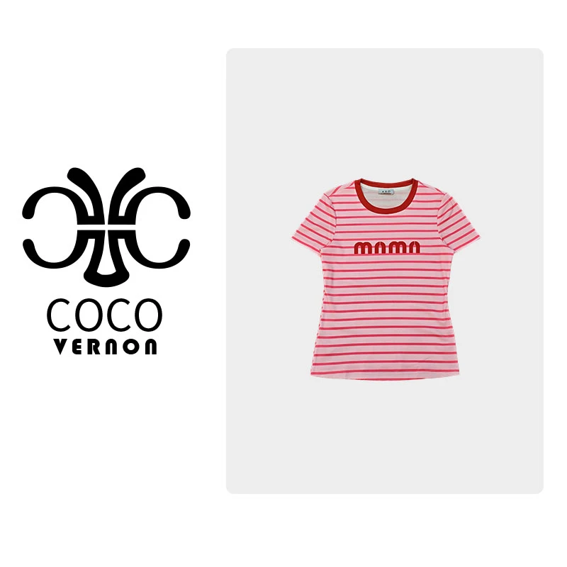 min系条纹ys 百搭夏季短袖女显瘦修身印花设计薄台湾纱上衣6108#