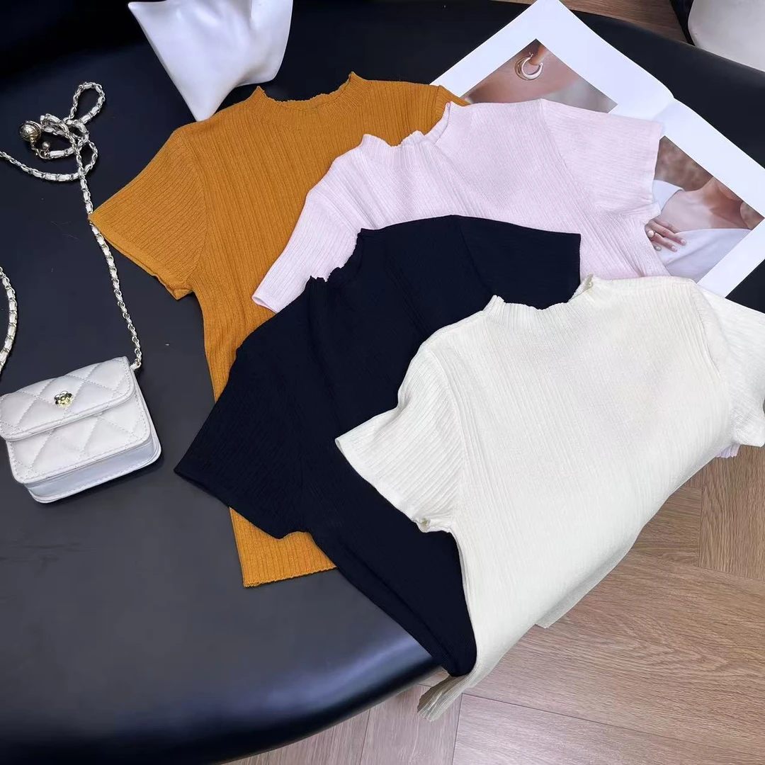 韩系女友风通勤时尚气质百搭圆领针织短袖H6368