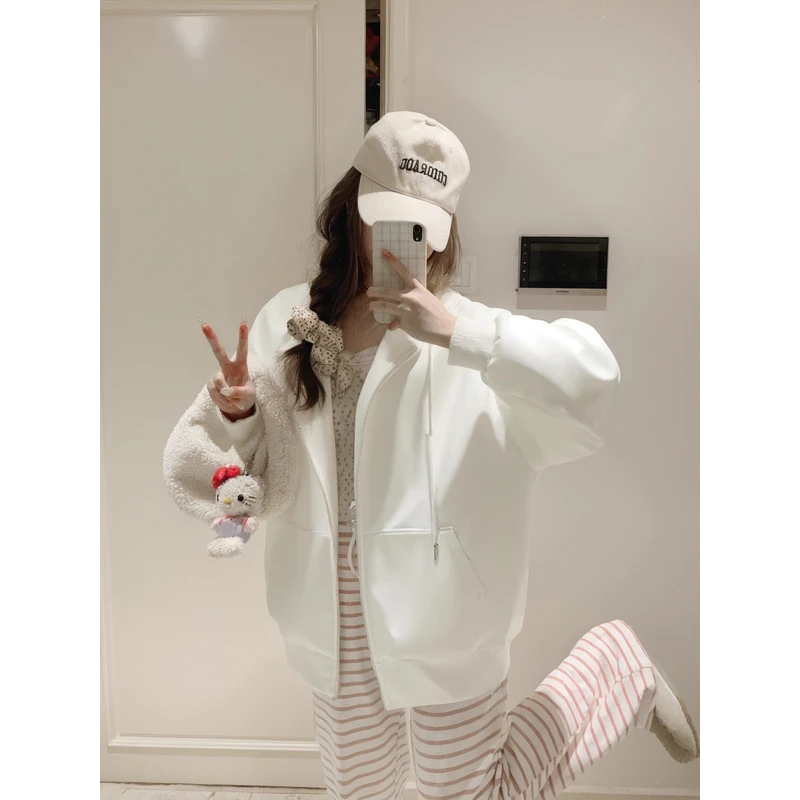 白色连帽卫衣女外套2025年秋冬季宽松慵懒加厚加绒开衫上衣学生潮
