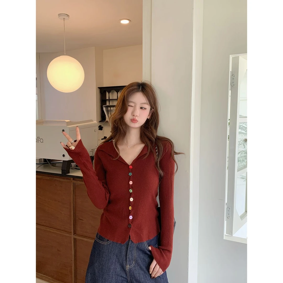 Crimson Twilight秋冬韩版半开领彩虹扣甜美减龄针织毛衣外套上衣