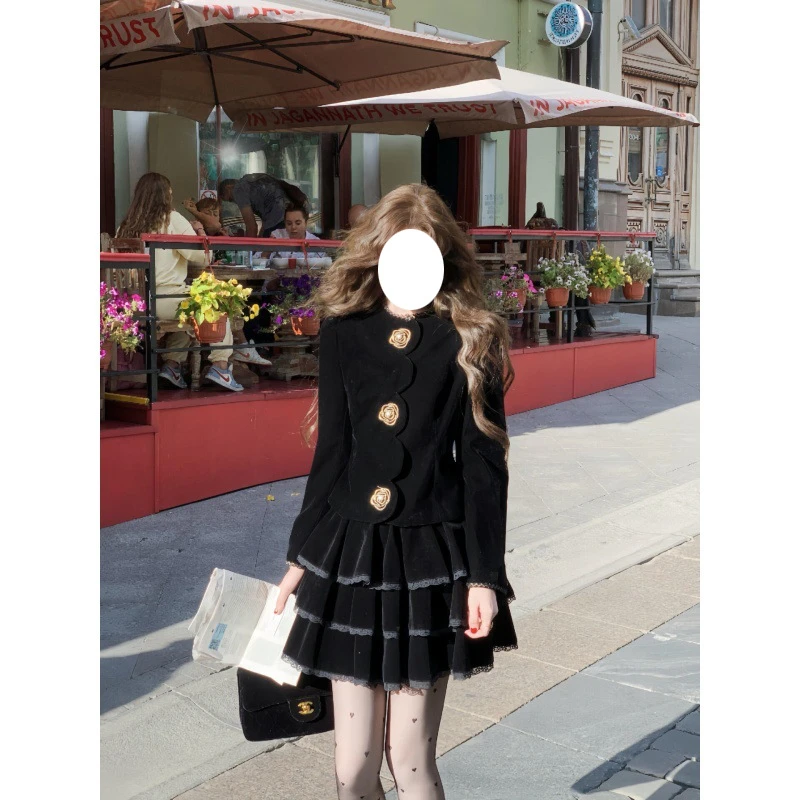 秋季千金清冷感贵系小香风黑色丝绒外套蓬蓬短裙两件套套装秋冬