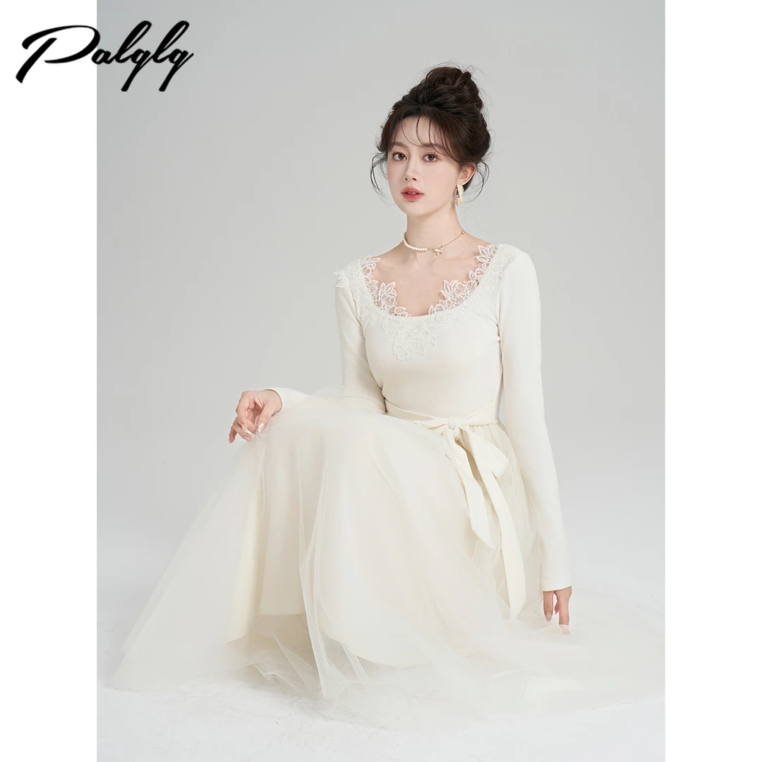 Palglg法式温柔风白色蕾丝内搭冬季小香风拼接网纱长裙54PDA44830