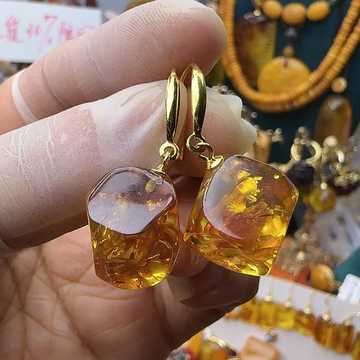 琥珀银S925镀金镶嵌耳饰