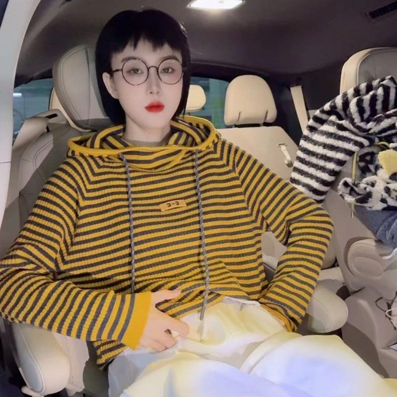 条纹针织衫连帽长袖秋冬轻奢时尚毛衣上衣帽衫毛衫