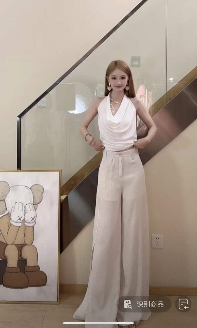 YANCC【鎏光波影】一粒扣开叉显瘦阔腿裤