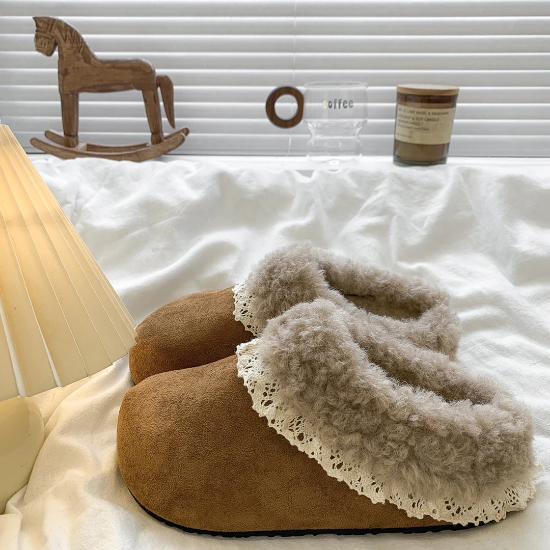 内增高花边勃肯鞋加绒毛毛棉拖鞋女外穿2025冬季新款厚底包头半拖