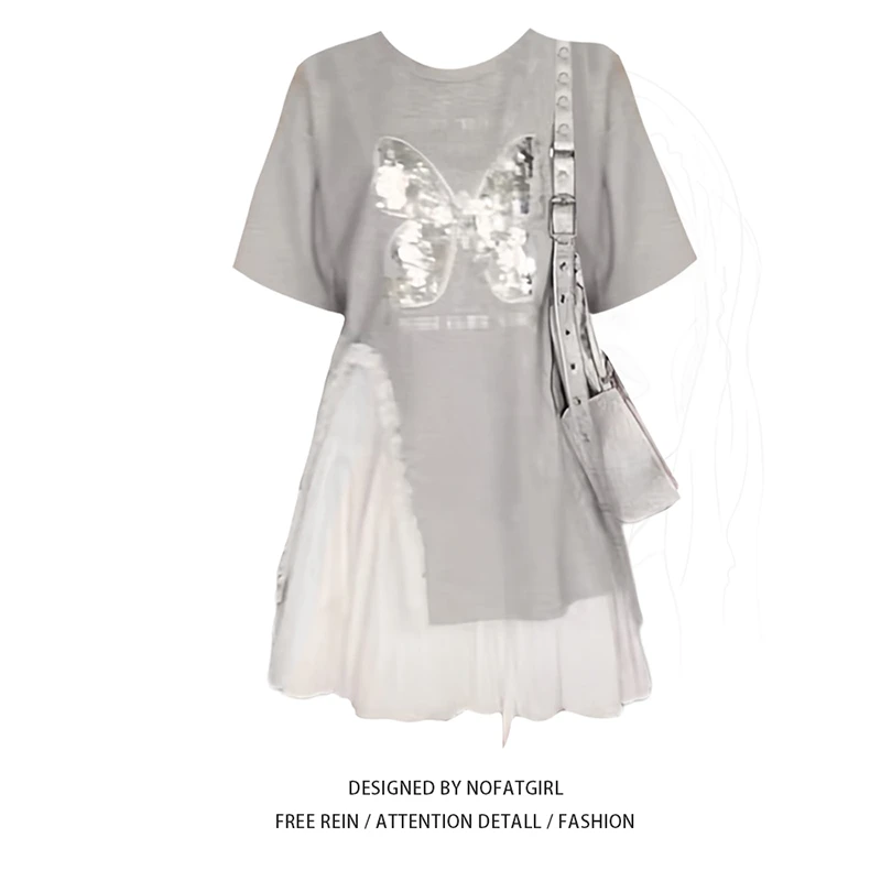 大码胖mm甜美气质宽松慵懒风设计感别致独特正肩T恤短袖半身裙女